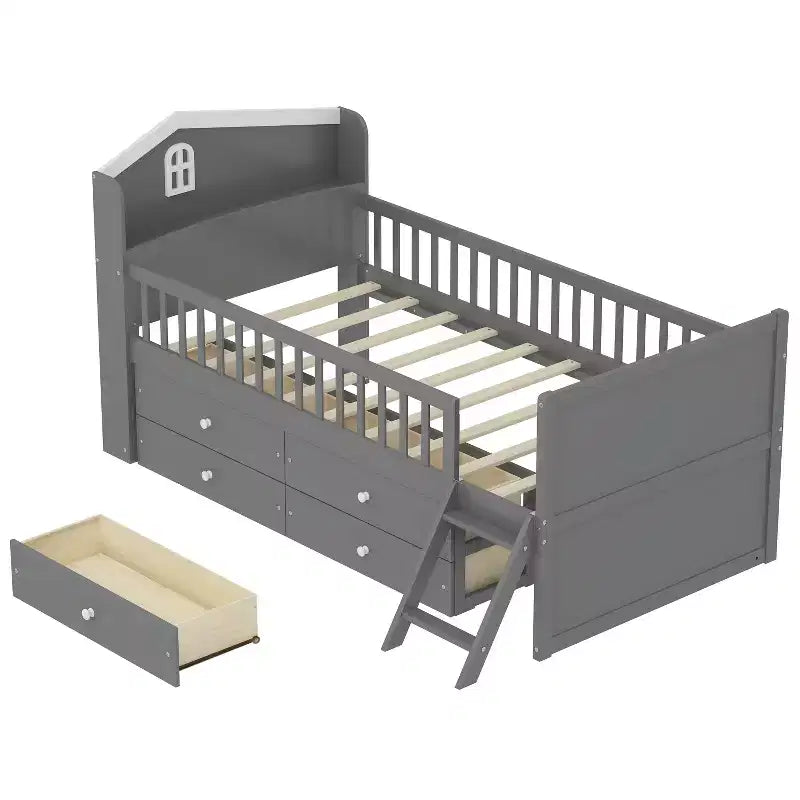Twin Bed Frame with 4 Storage Drawers, Guardrail, Headboard & Ladder — Gray
