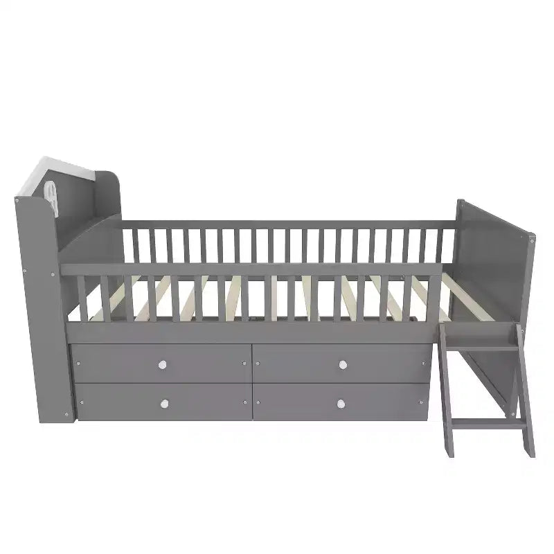 Twin Bed Frame with 4 Storage Drawers, Guardrail, Headboard & Ladder — Gray