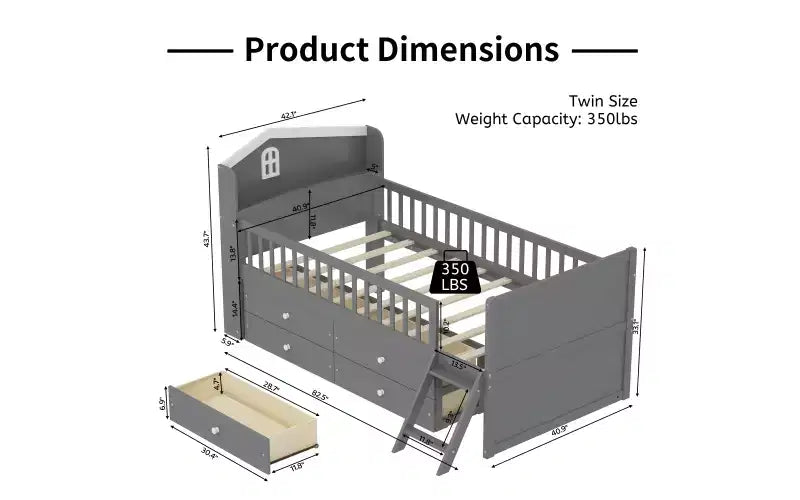 Twin Bed Frame with 4 Storage Drawers, Guardrail, Headboard & Ladder — Gray