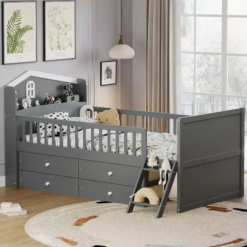 Twin Bed Frame with 4 Storage Drawers, Guardrail, Headboard & Ladder — Gray