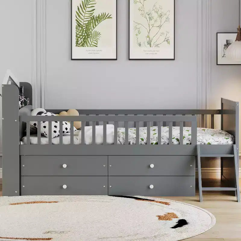 Twin Bed Frame with 4 Storage Drawers, Guardrail, Headboard & Ladder — Gray