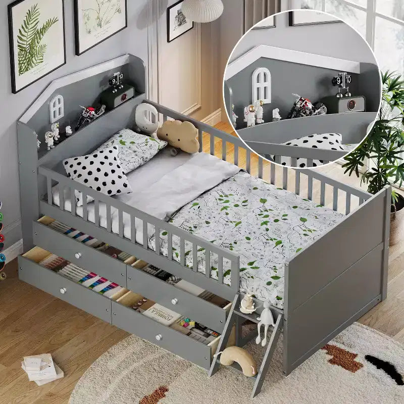 Twin Bed Frame with 4 Storage Drawers, Guardrail, Headboard & Ladder — Gray