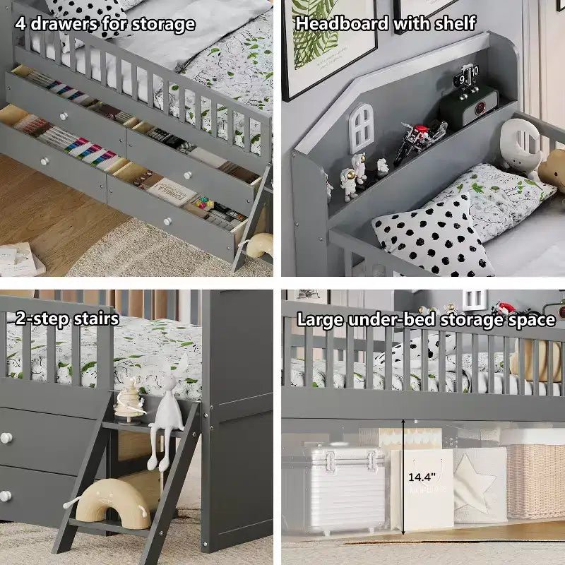 Twin Bed Frame with 4 Storage Drawers, Guardrail, Headboard & Ladder — Gray