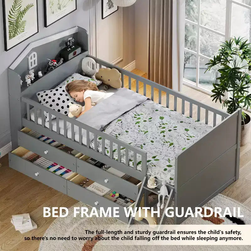 Twin Bed Frame with 4 Storage Drawers, Guardrail, Headboard & Ladder — Gray
