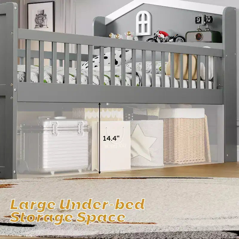 Twin Bed Frame with 4 Storage Drawers, Guardrail, Headboard & Ladder — Gray