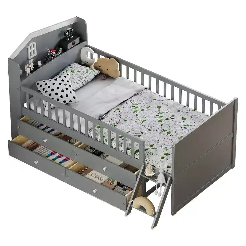 Twin Bed Frame with 4 Storage Drawers, Guardrail, Headboard & Ladder — Gray