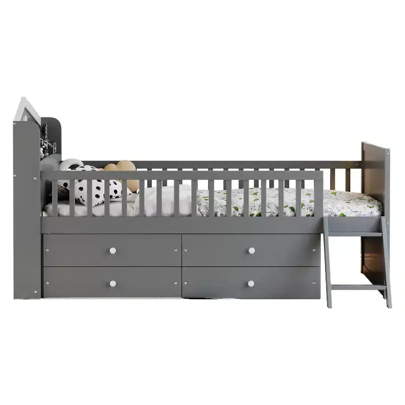 Twin Bed Frame with 4 Storage Drawers, Guardrail, Headboard & Ladder — Gray