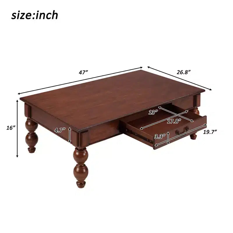 Rectangular Wooden Coffee Table with Storage Drawer and Gourd-Shaped Legs — Walnut