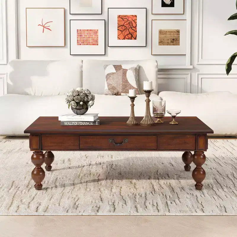 Rectangular Wooden Coffee Table with Storage Drawer and Gourd-Shaped Legs — Walnut