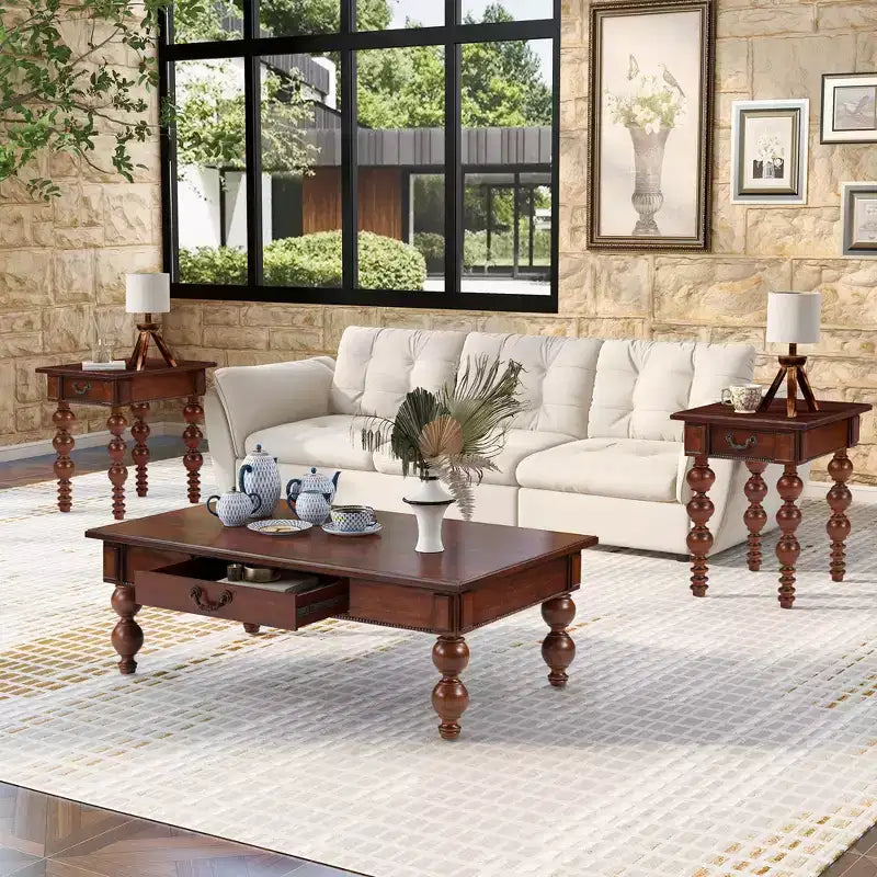 Rectangular Wooden Coffee Table with Storage Drawer and Gourd-Shaped Legs — Walnut
