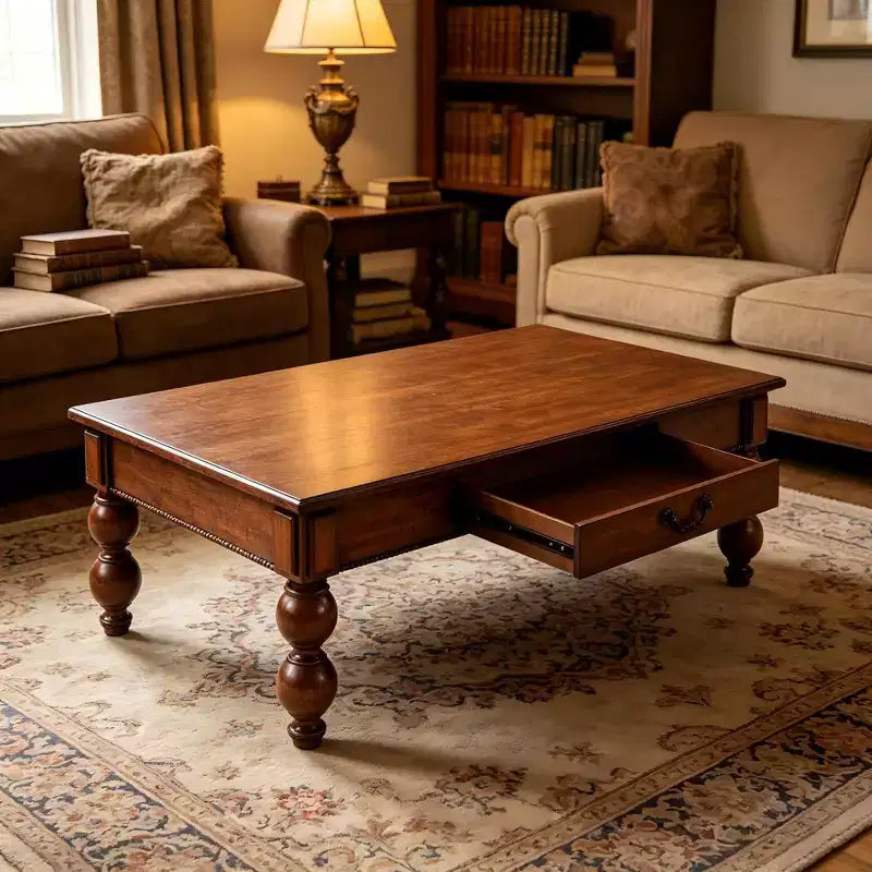 Rectangular Wooden Coffee Table with Storage Drawer and Gourd-Shaped Legs — Walnut