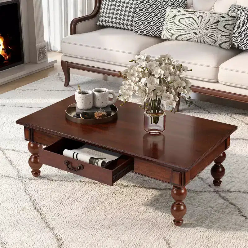 Rectangular Wooden Coffee Table with Storage Drawer and Gourd-Shaped Legs — Walnut