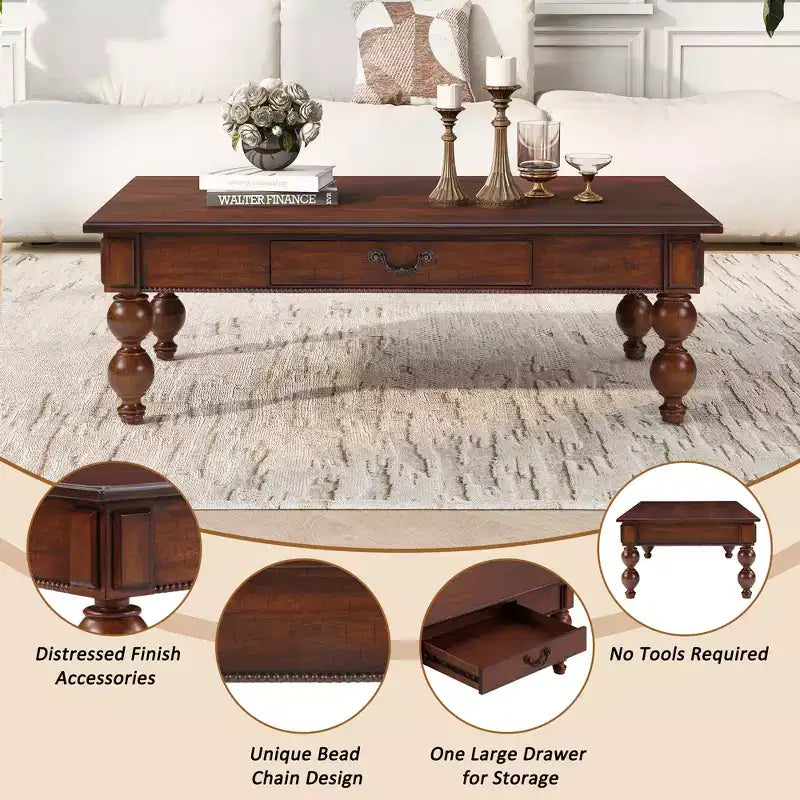 Rectangular Wooden Coffee Table with Storage Drawer and Gourd-Shaped Legs — Walnut