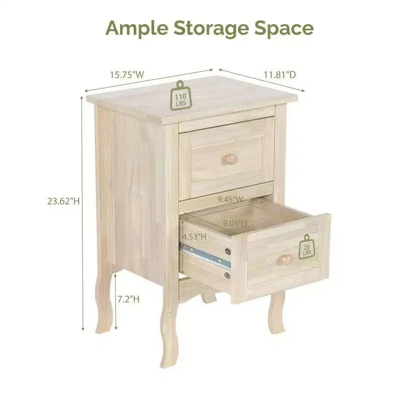 2-Drawer Nightstand in Rubber Ash Wood — 15.7"x11.8"x23.6"