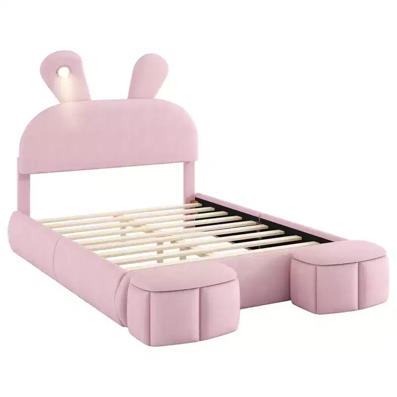 Full Size Velvet Upholstered Kids Platform Bed with Rabbit Ears Headboard, Reading Light & Storage Stools — Pink
