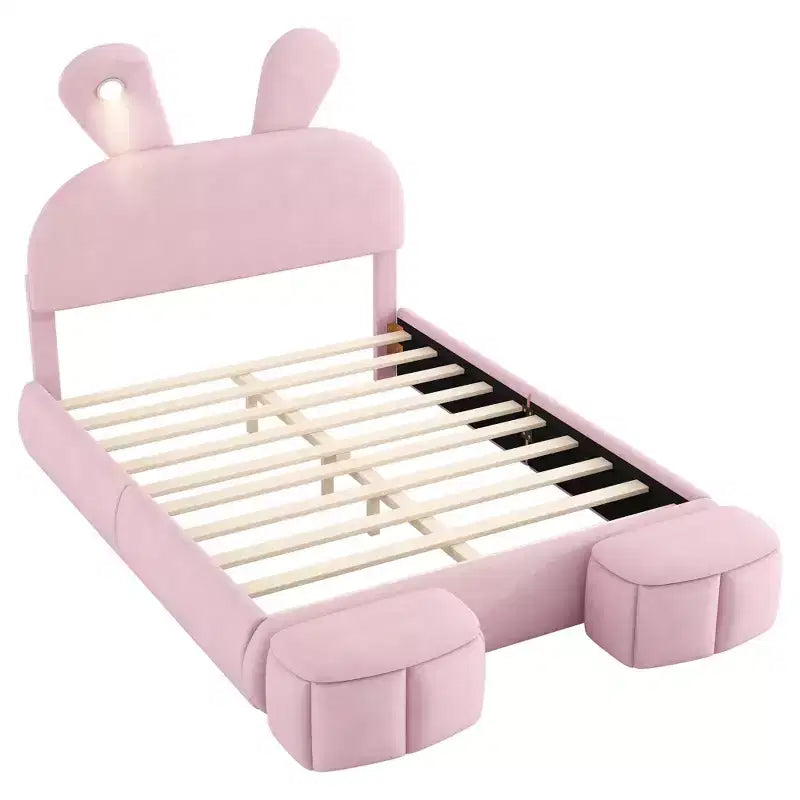 Full Size Velvet Upholstered Kids Platform Bed with Rabbit Ears Headboard, Reading Light & Storage Stools — Pink