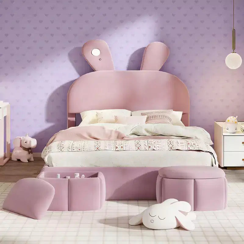 Full Size Velvet Upholstered Kids Platform Bed with Rabbit Ears Headboard, Reading Light & Storage Stools — Pink