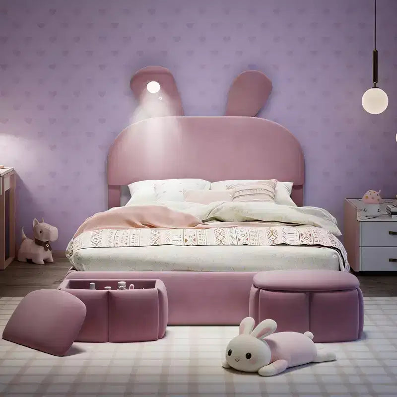 Full Size Velvet Upholstered Kids Platform Bed with Rabbit Ears Headboard, Reading Light & Storage Stools — Pink