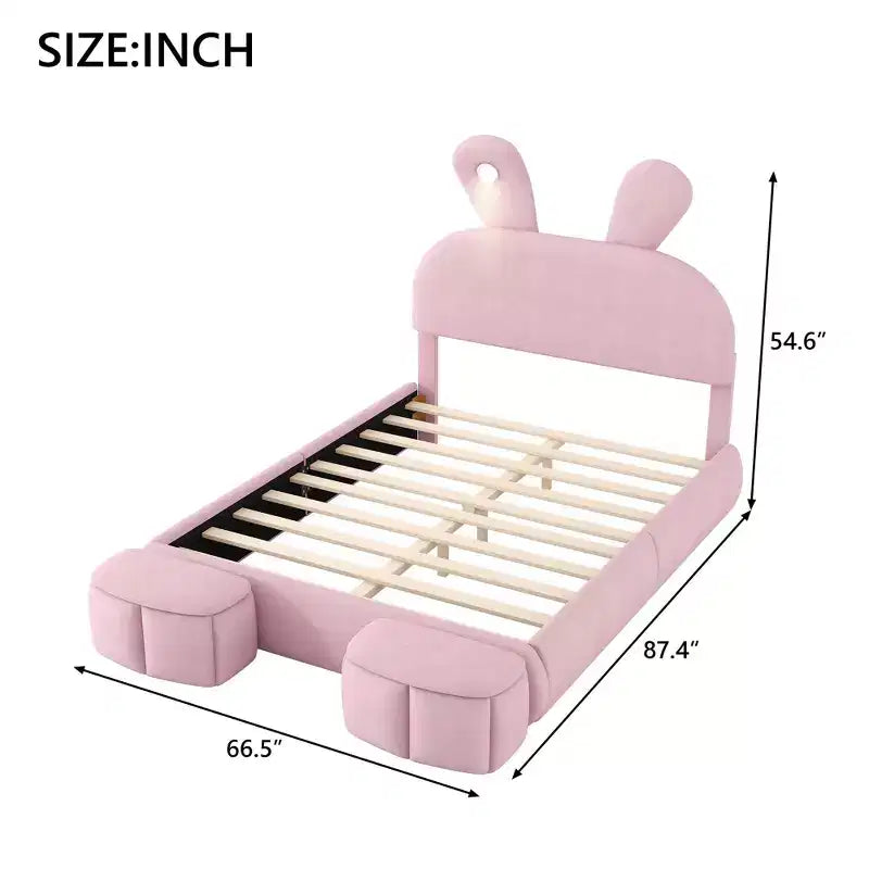 Full Size Velvet Upholstered Kids Platform Bed with Rabbit Ears Headboard, Reading Light & Storage Stools — Pink