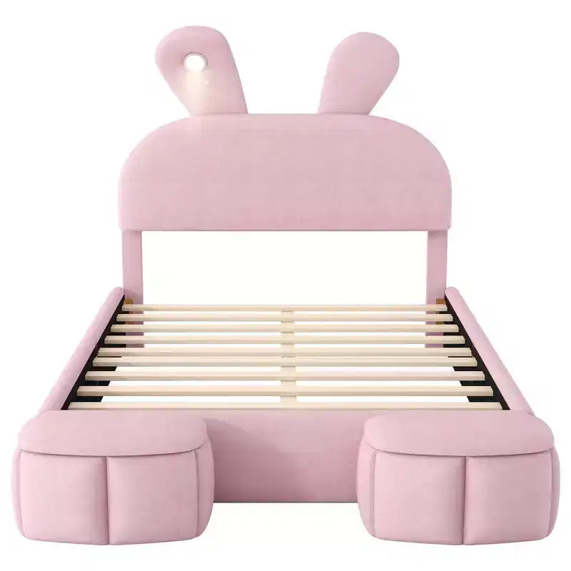 Full Size Velvet Upholstered Kids Platform Bed with Rabbit Ears Headboard, Reading Light & Storage Stools — Pink
