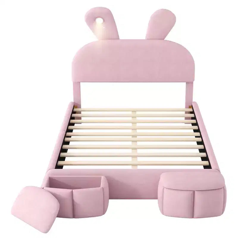 Full Size Velvet Upholstered Kids Platform Bed with Rabbit Ears Headboard, Reading Light & Storage Stools — Pink