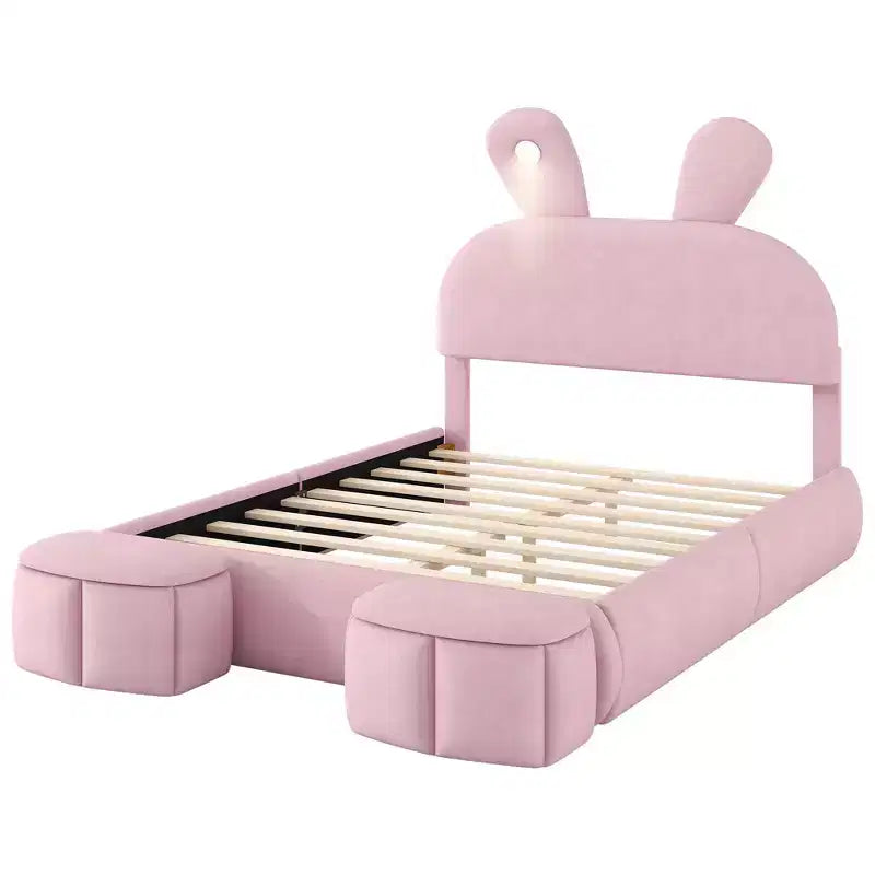 Full Size Velvet Upholstered Kids Platform Bed with Rabbit Ears Headboard, Reading Light & Storage Stools — Pink