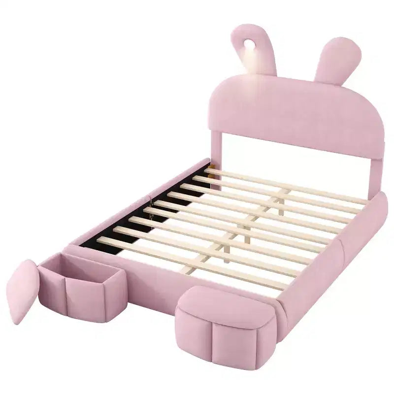 Full Size Velvet Upholstered Kids Platform Bed with Rabbit Ears Headboard, Reading Light & Storage Stools — Pink
