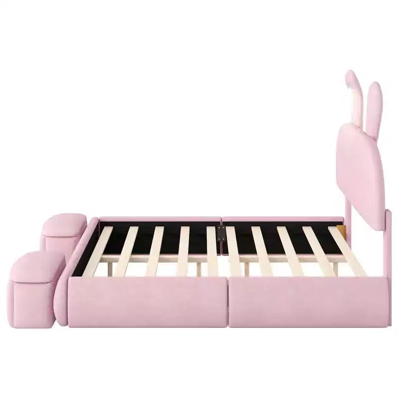 Full Size Velvet Upholstered Kids Platform Bed with Rabbit Ears Headboard, Reading Light & Storage Stools — Pink