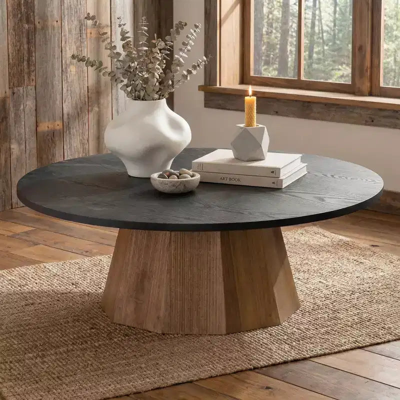 JVNOXK Round Coffee Table Sturdy Pedestal Wooden Tea Table for Living Room Easy to Assemble,Black,Wood
