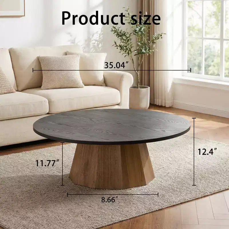 35" Round Pedestal Coffee Table with Bark Pattern Veneer — Black Wood