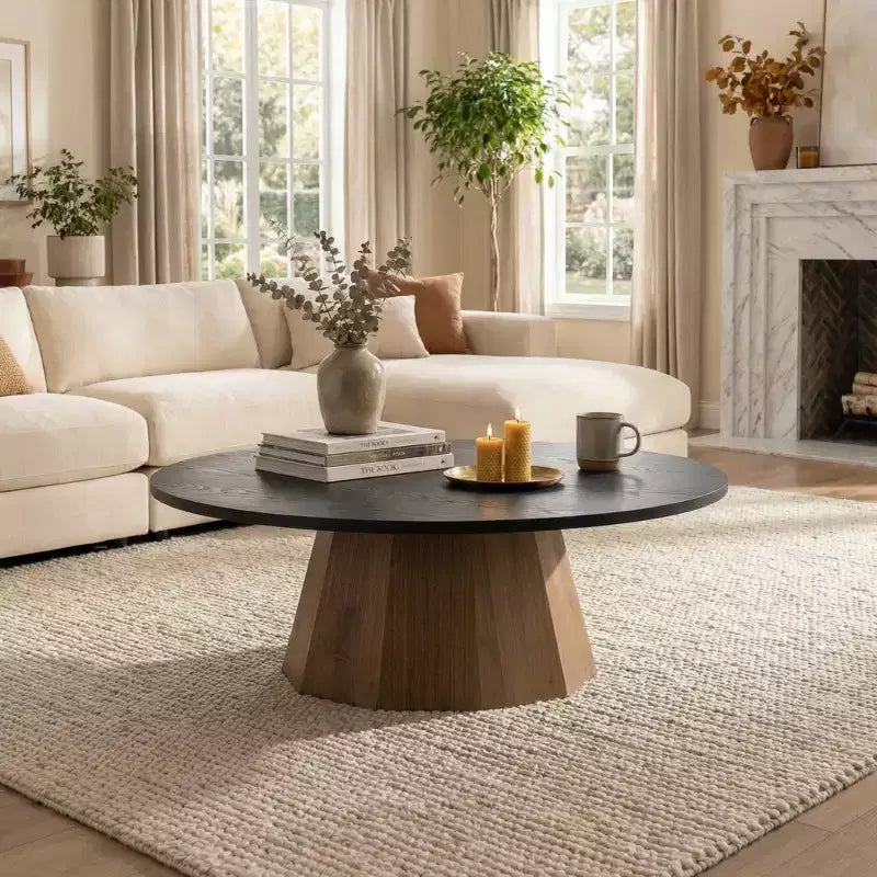 35" Round Pedestal Coffee Table with Bark Pattern Veneer — Black Wood
