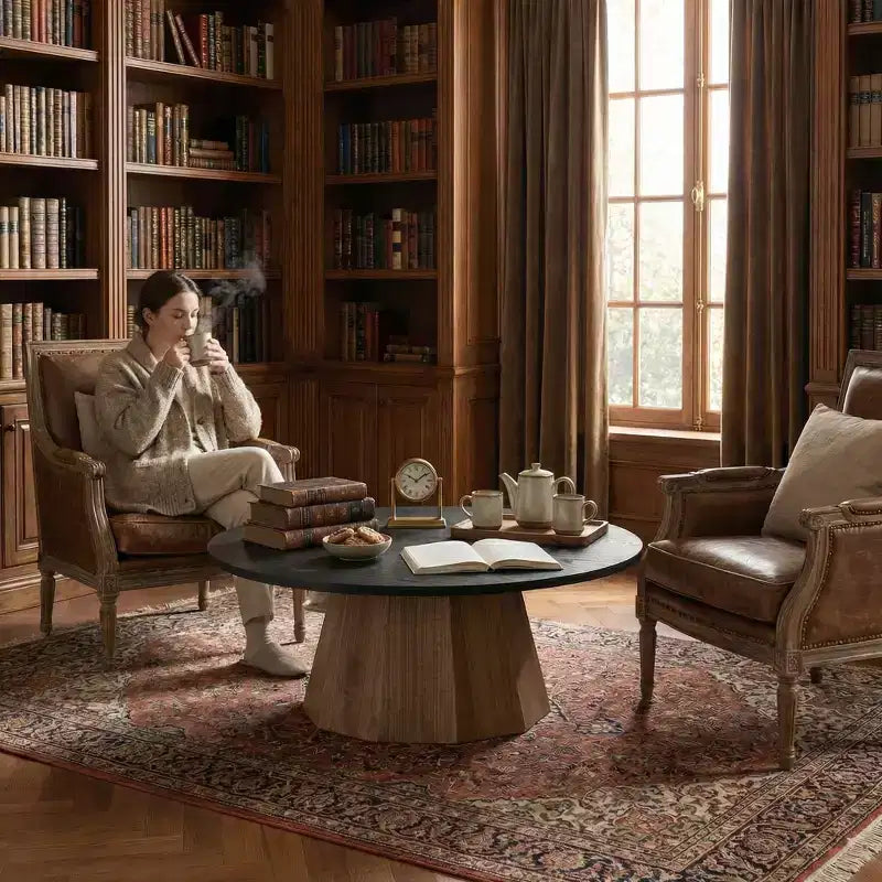 35" Round Pedestal Coffee Table with Bark Pattern Veneer — Black Wood