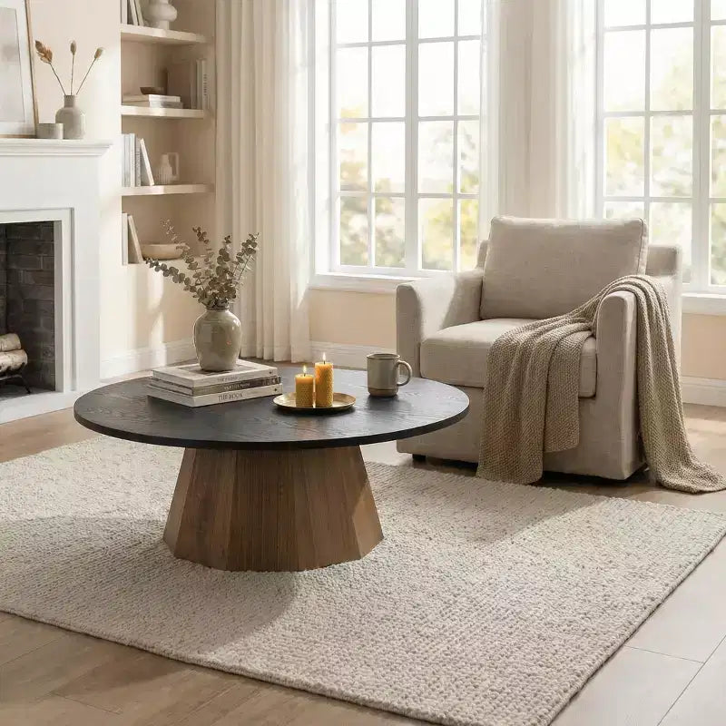 35" Round Pedestal Coffee Table with Bark Pattern Veneer — Black Wood