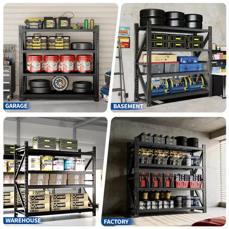 Heavy Duty Metal Adjustable Garage Shelves, Industrial Shelving Unit, Steel Storage Rack for Warehouse, Black