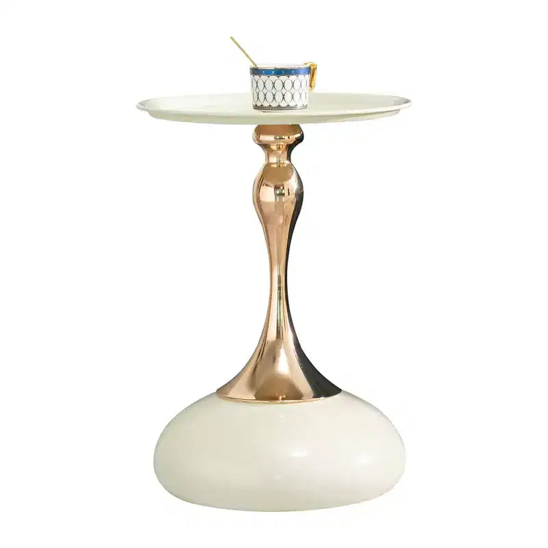 White Small Round Metal Side Table, Gold Finish Cocktail Coffee Table Compact Accent Table for Small Living Space