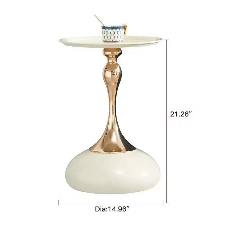 White Small Round Metal Side Table, Gold Finish Cocktail Coffee Table Compact Accent Table for Small Living Space
