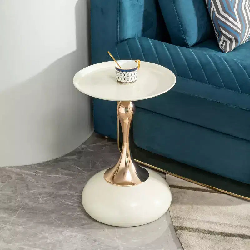 White Small Round Metal Side Table, Gold Finish Cocktail Coffee Table Compact Accent Table for Small Living Space