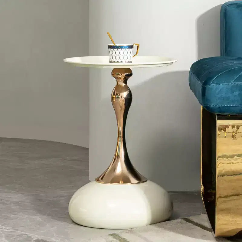 White Small Round Metal Side Table, Gold Finish Cocktail Coffee Table Compact Accent Table for Small Living Space