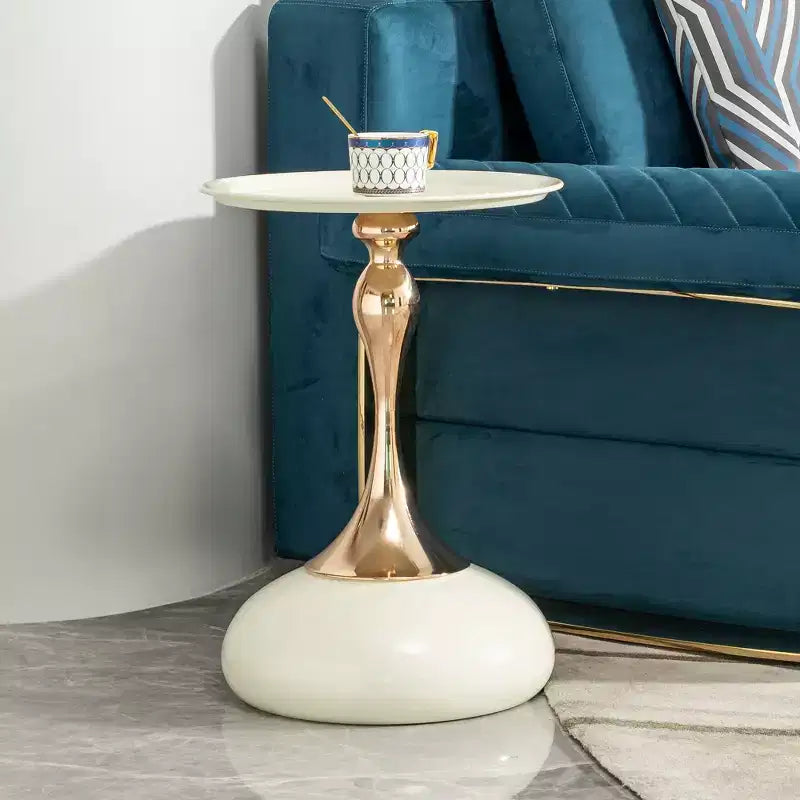 White Small Round Metal Side Table, Gold Finish Cocktail Coffee Table Compact Accent Table for Small Living Space
