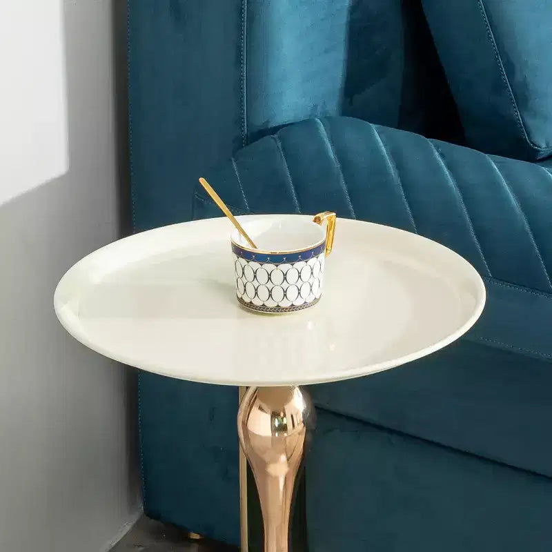 White Small Round Metal Side Table, Gold Finish Cocktail Coffee Table Compact Accent Table for Small Living Space