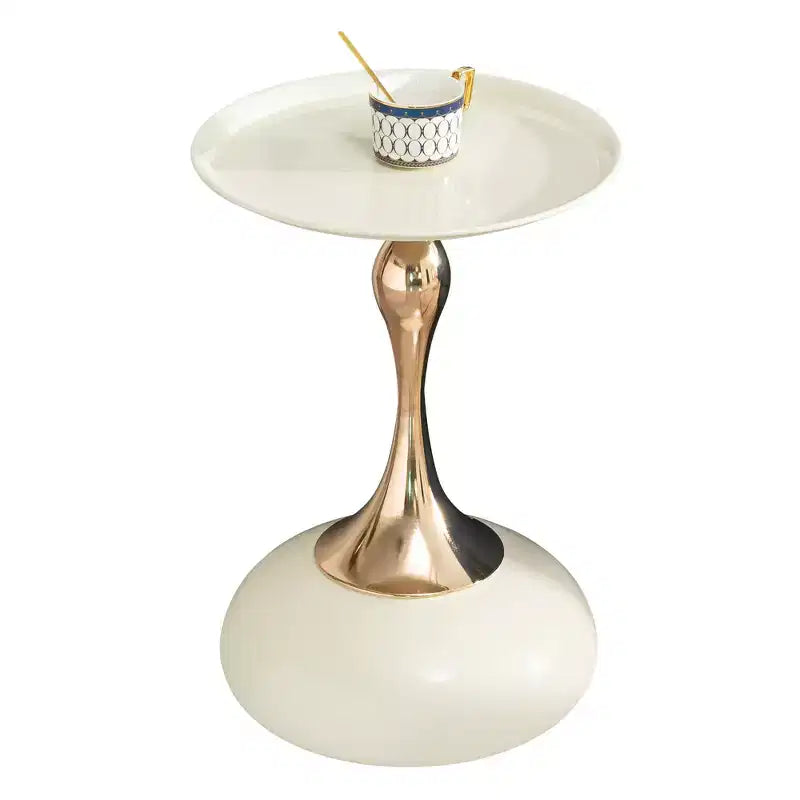 White Small Round Metal Side Table, Gold Finish Cocktail Coffee Table Compact Accent Table for Small Living Space