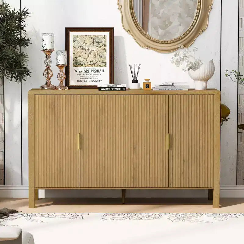 Modern 57.5" Stripe Door Storage Cabinet — 4-Door Sideboard with Side Hooks