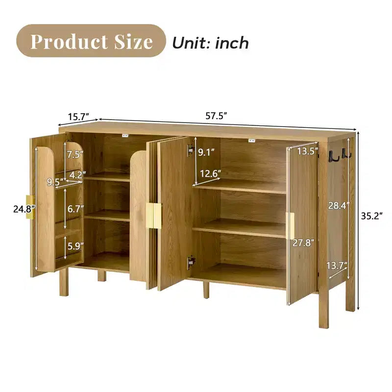 Modern 57.5" Stripe Door Storage Cabinet — 4-Door Sideboard with Side Hooks