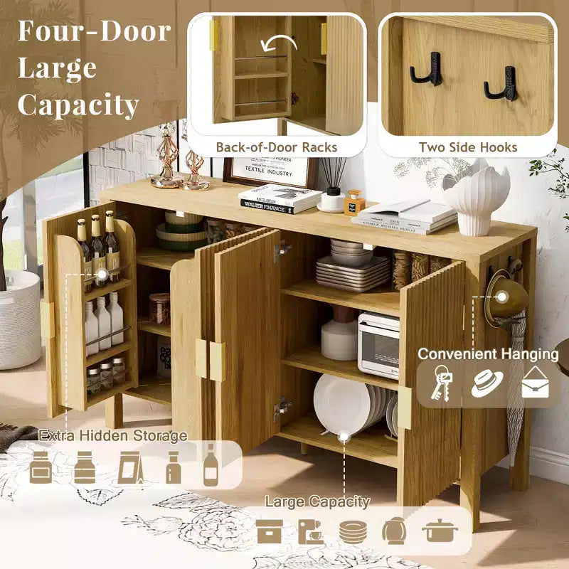 Modern 57.5" Stripe Door Storage Cabinet — 4-Door Sideboard with Side Hooks