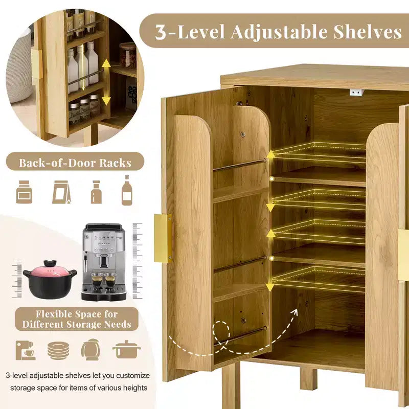 Modern 57.5" Stripe Door Storage Cabinet — 4-Door Sideboard with Side Hooks