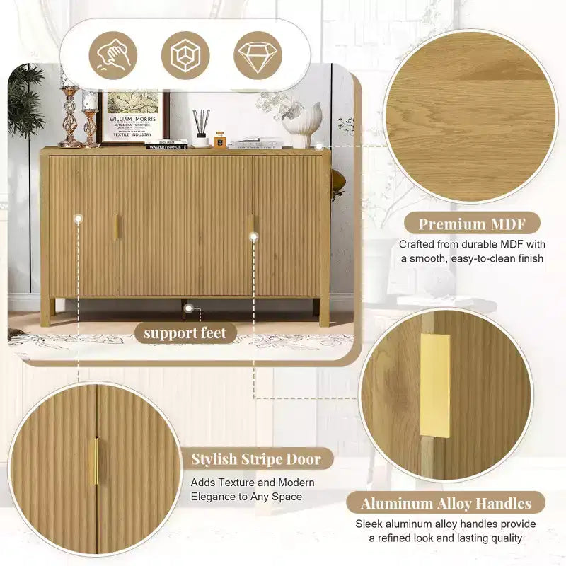 Modern 57.5" Stripe Door Storage Cabinet — 4-Door Sideboard with Side Hooks