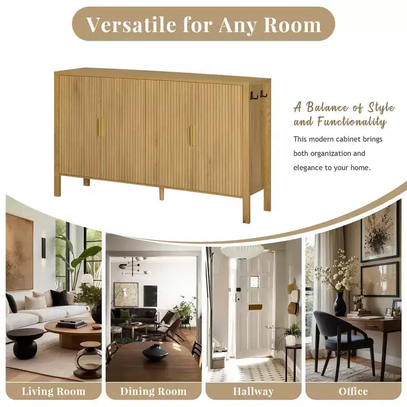 Modern 57.5" Stripe Door Storage Cabinet — 4-Door Sideboard with Side Hooks