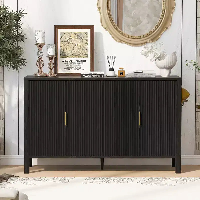 Modern 57.5" Stripe Door Storage Cabinet — 4-Door Sideboard with Side Hooks