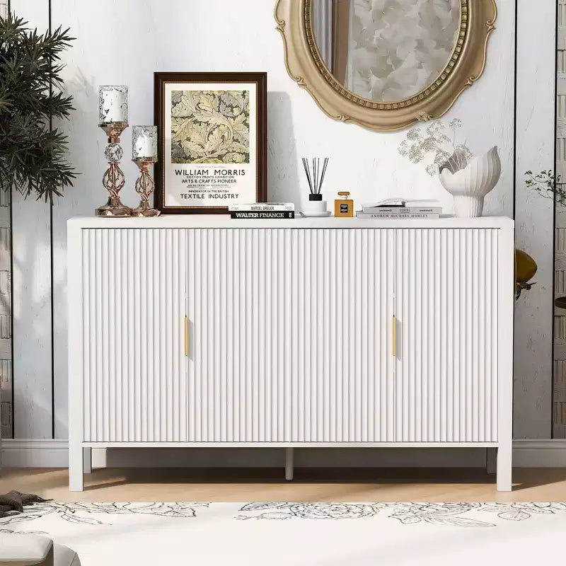 Modern 57.5" Stripe Door Storage Cabinet — 4-Door Sideboard with Side Hooks