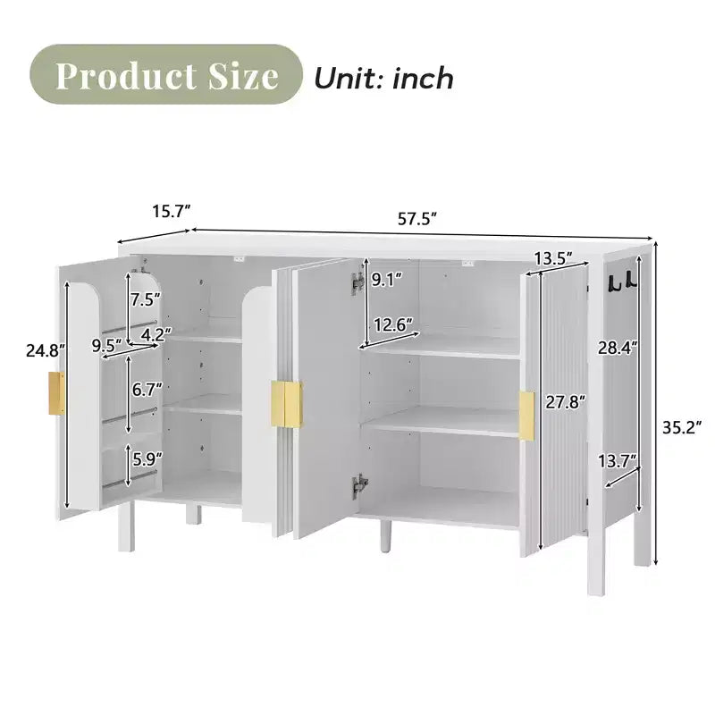 Modern 57.5" Stripe Door Storage Cabinet — 4-Door Sideboard with Side Hooks